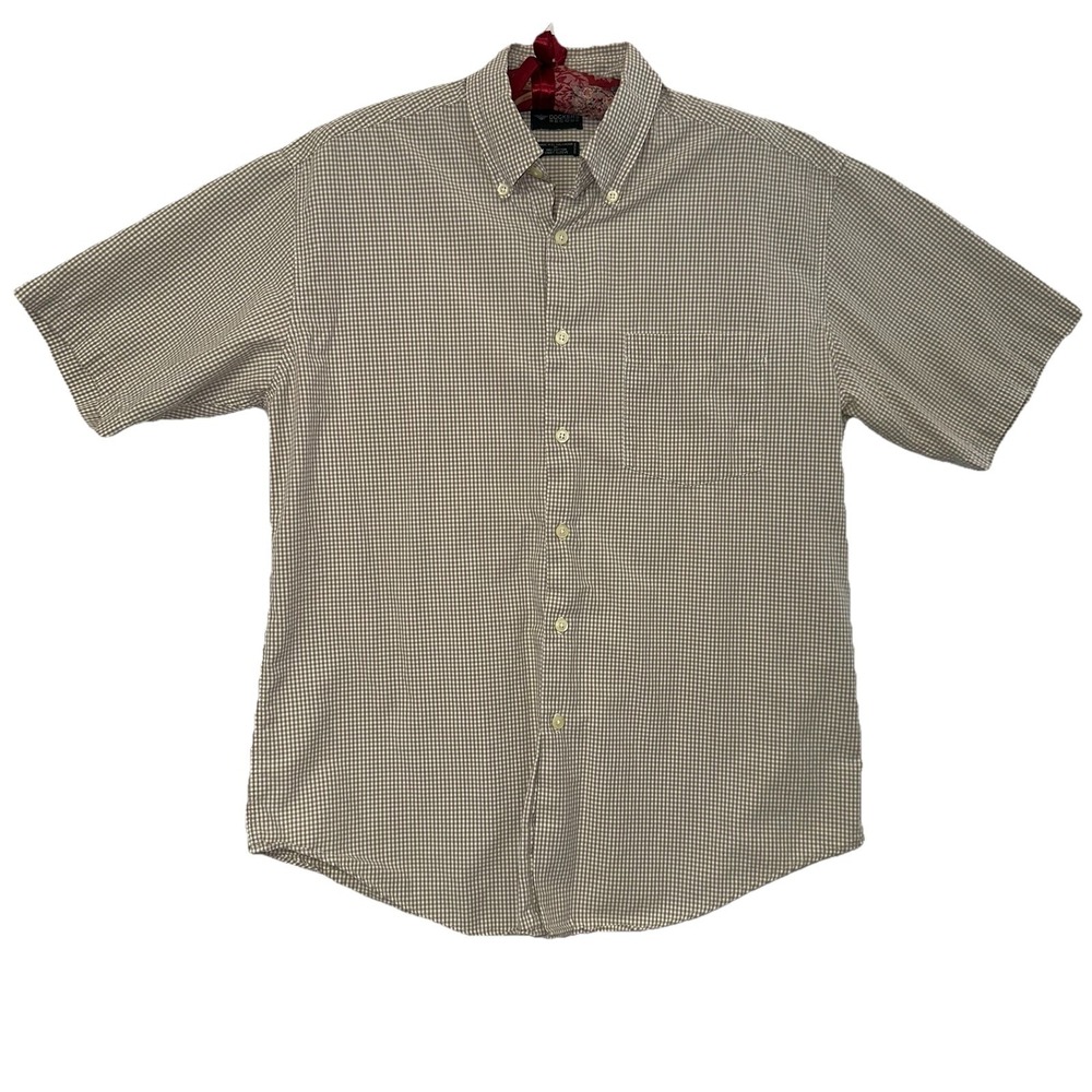 Dockers Recode Shirt Mens Medium Beige Gingham Short Sleeve Button Down Cotton